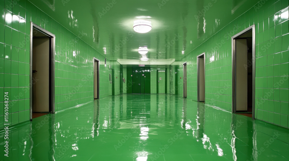 Poster a vibrant green corridor featuring glossy walls and floors, creating a surreal and reflective atmosp