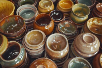 Bunch of handmade pottery items in earthy tones, showcasing craftsmanship and vintage aesthetic.