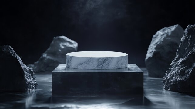 Product pedestal resembling Earths surface Designed for showcasing cosmetics skincare or futuristic themes with meteorite mountains planets and spaceinspired elements 3D