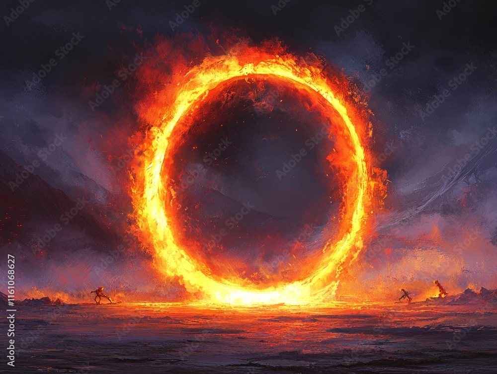 Poster portal radiates light in air surrounded dynamic energy. faint images of alien landscape emerge while