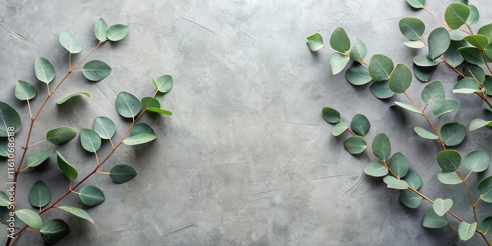 Aufkleber Eucalyptus branches arranged symmetrically on a textured gray background, creating a natural and elegant frame for your design.