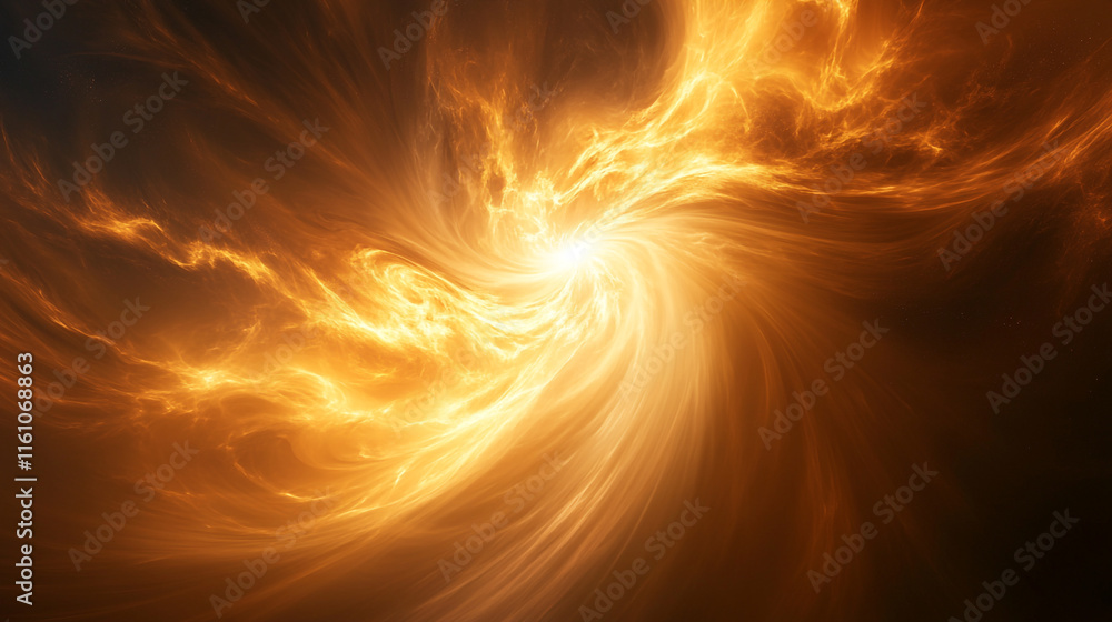 Poster swirling patterns of golden light against a dark backdrop in a cosmic display