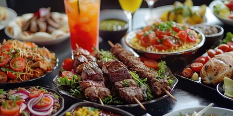 Obraz premium Brightly colored kebabs on black plates, ready to serve at a social event or gathering.