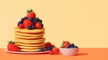 Delicious golden pancakes topped with fresh strawberries and blueberries ready for your morning delight. Generative AI