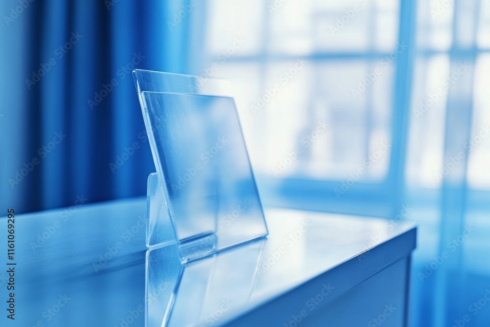 Poster a transparent display stand on a reflective surface with natural light in the background.