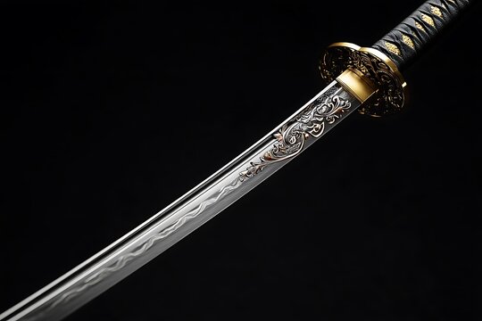 Sword with a gold pattern on a black background close up