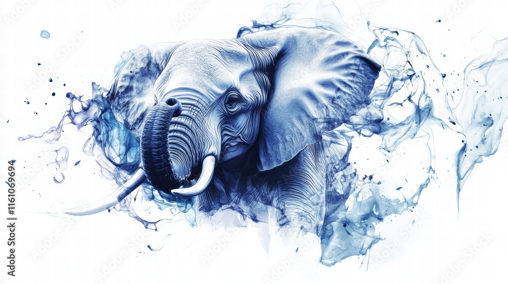 Poster illustration of a majestic elephant with artistic blue accents and ample copy space for text inclusi