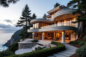 Obraz premium A modern, luxurious two-story house on a cliffside with a stunning ocean view, featuring large glass windows and wooden accents.