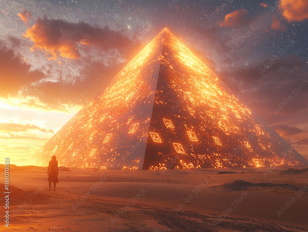 Poster enormous translucent pyramid changes shape as it glows twilight sky. mysterious symbols float inside