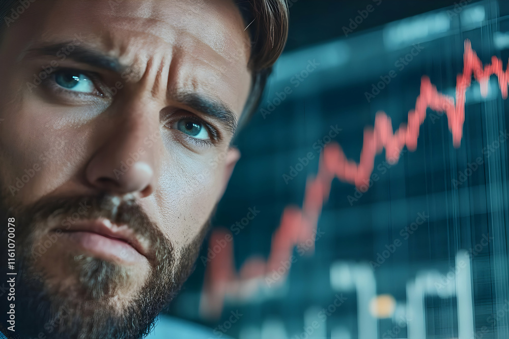 Poster close-up portrait of a serious man looking at a declining stock market graph on a computer screen.