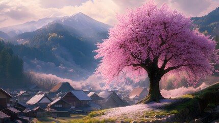 A magnificent and beautiful cherry blossom tree standing alone, with a peaceful and beautiful view...