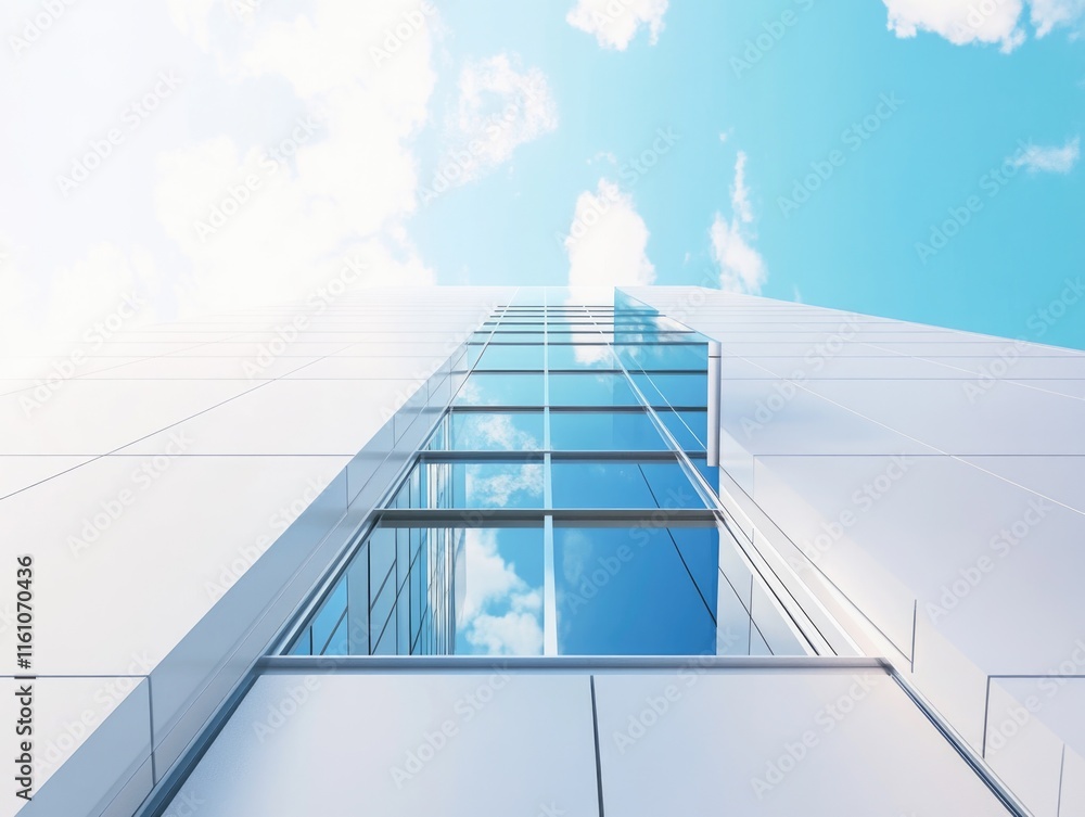 Poster a tall, modern building with reflective glass windows, set against a blue sky. the architectural des