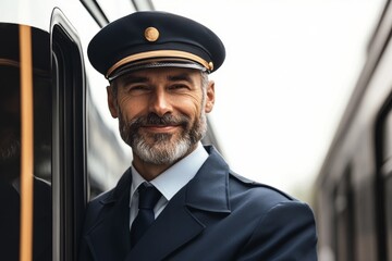 A smiling train conductor stands by the train door, dressed in uniform.
