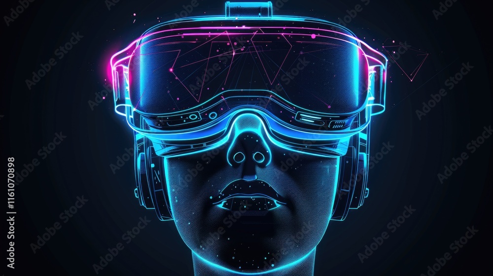 Aufkleber man's face is projected onto a screen with a virtual reality headset. concept of immersion and techn