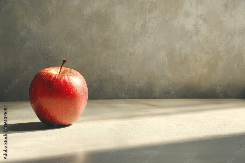 Poster a single red apple on a surface with soft lighting and a textured background.