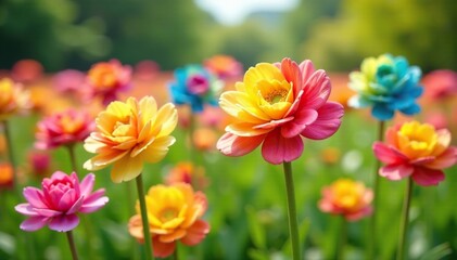 Obraz premium Rainbow-colored lollipop flowers blooming on a field, lollipop, garden, colorful