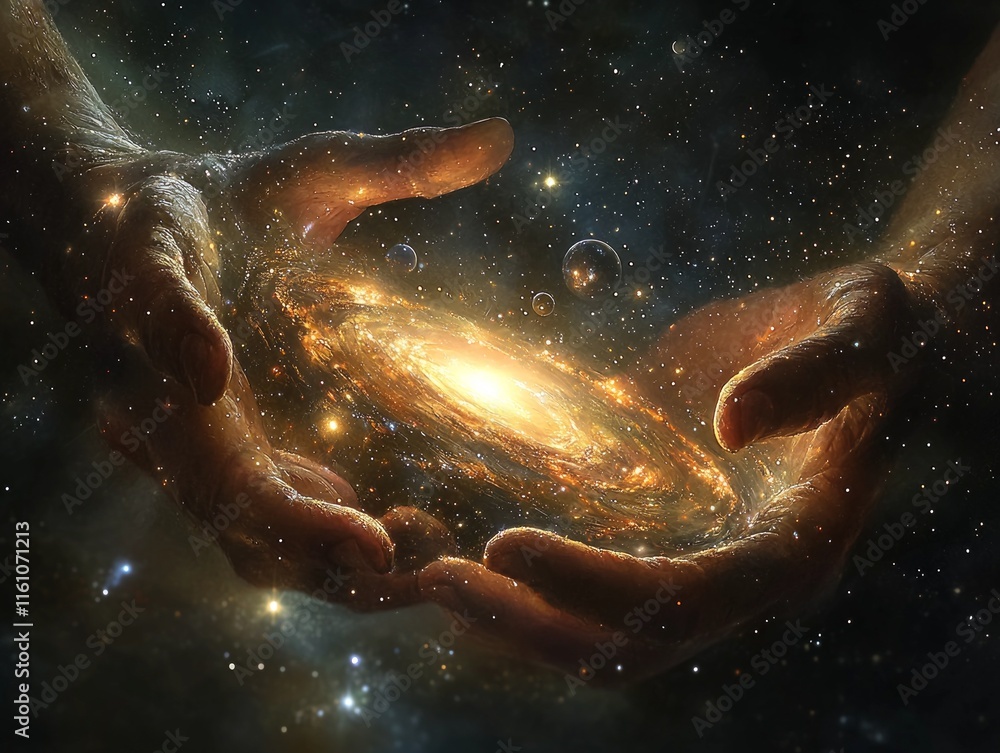 Poster hands hold vast universe filled planets and stars emanating beams of light. illustration symbolizes 