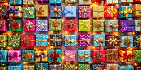 A Festive Array of Wrapped Gifts with Sparkling Glitter and Bow Decorations, Illuminated by a Warm, Golden Glow