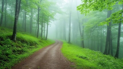 Obraz premium Foggy Forest Pathway Hiding in the Mysterious Mist