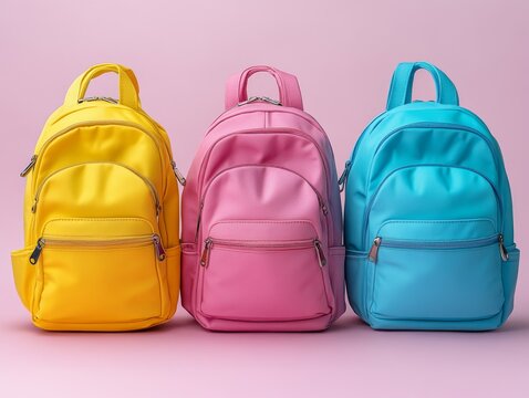 Three colorful backpacks arranged in a row against a pink background.