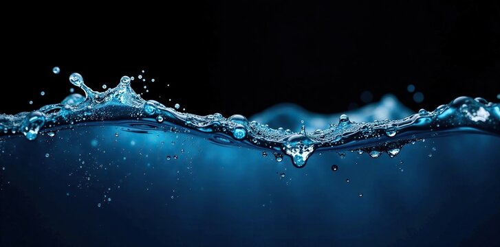 Pure blue water with tiny bubbles and foam on black background, black, background