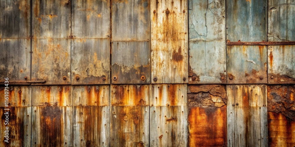 Poster a weathered metal wall with patches of rust and exposed screws, showcasing the passage of time and t