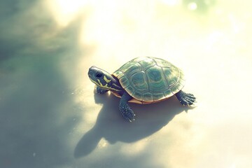 Obraz premium A turtle resting on a serene surface, showcasing its vibrant shell and calm demeanor.