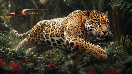Obraz premium A jaguar leaps through a lush jungle, with a bird flying overhead amidst vibrant foliage.