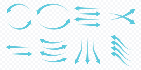 Set of blue arrow showing air or wind flow. Air conditioner direction. Isolated vector on white background element.