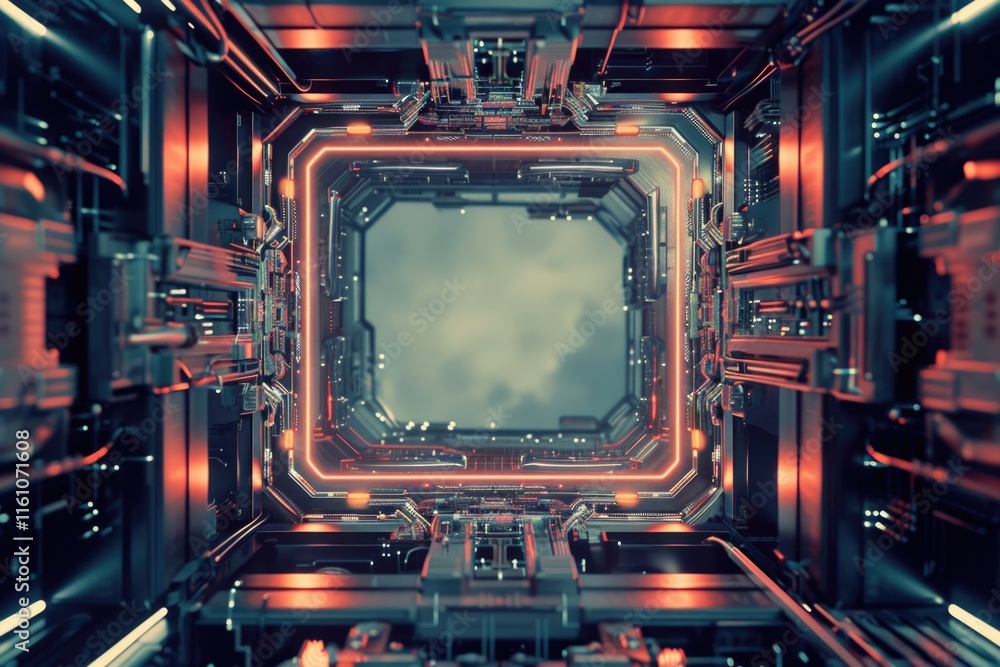 Aufkleber futuristic space with a red square in the middle. the square is surrounded by wires and lights