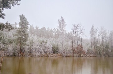 Winter landscape with a frozen lake and snow-covered trees. frost on the trees. Winter foggy landscape