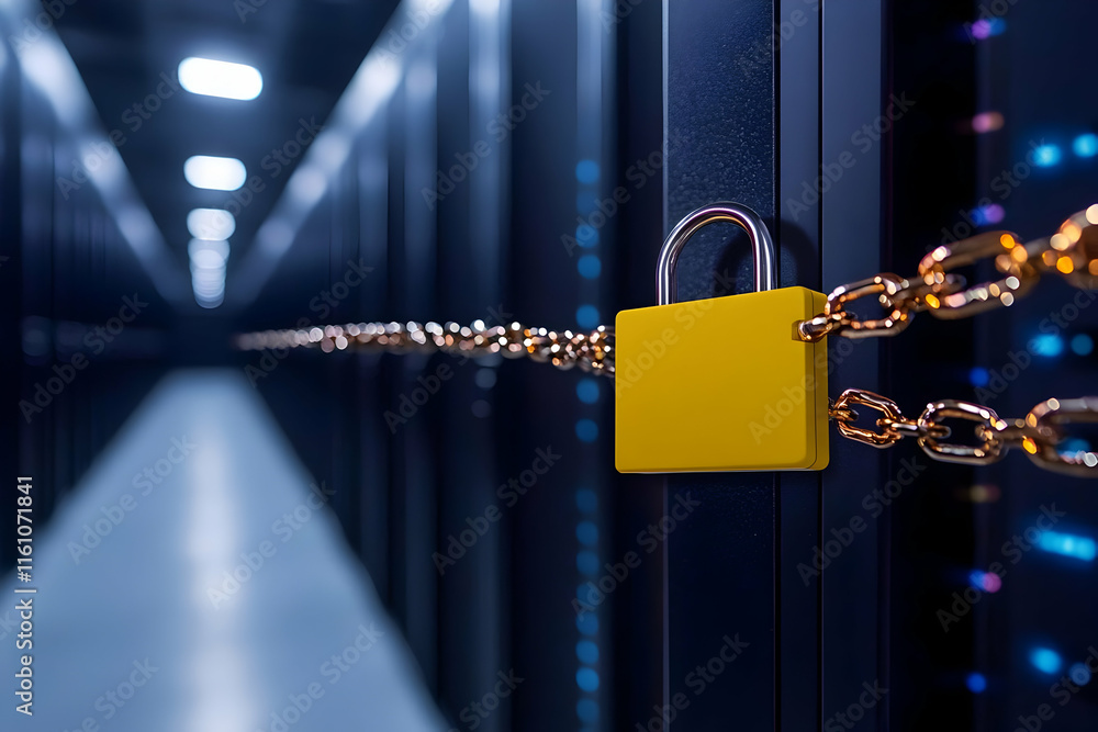 Poster yellow padlock and chain securing data center server racks.