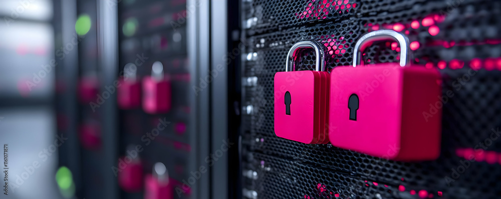 Poster pink padlocks on a server rack symbolize data security and protection in a data center.