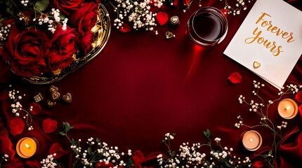 Valentine's Day, love concept. Mock up frame made of confetti, heart symbol accessories, sweets, postcards on Colourful background. Flat lay, top view