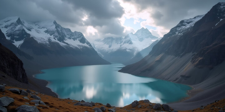 Serene Mountain Lake: A breathtaking view of a turquoise alpine lake nestled amidst towering snow-capped mountains under a dramatic sky.   - Powered by Adobe