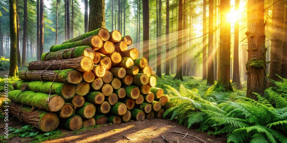 Poster Sunlight streams through the trees of a dense forest, illuminating a pile of stacked logs covered in moss, creating a serene and picturesque scene.