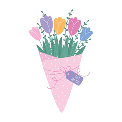 A bouquet of tulips in pink wrapping on a white background