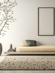 Modern minimalist living space with neutral tones and natural elements
