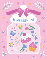 Romantic Valentine's Day card with sweets in a jar featuring hearts lollipops candies and flower