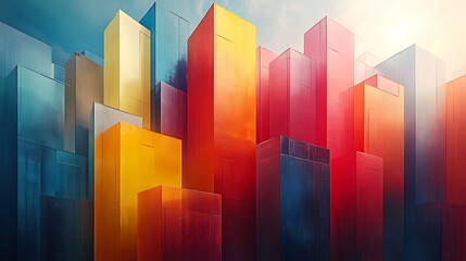 Abstract cityscape of colorful glass skyscrapers.