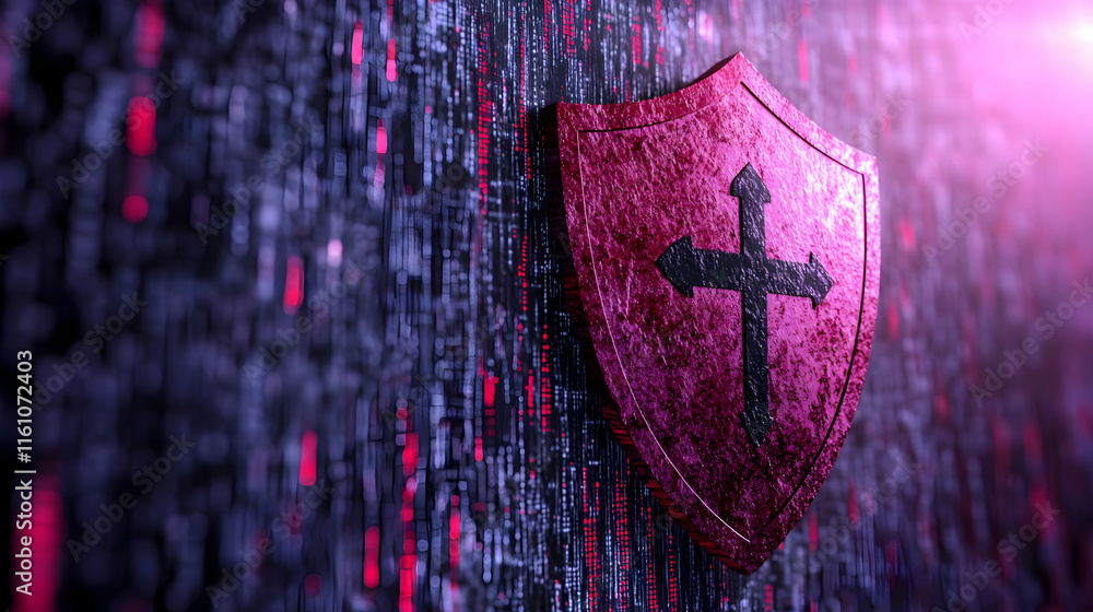 Poster red shield with cross emblem on digital background, symbolizing cybersecurity and data protection.