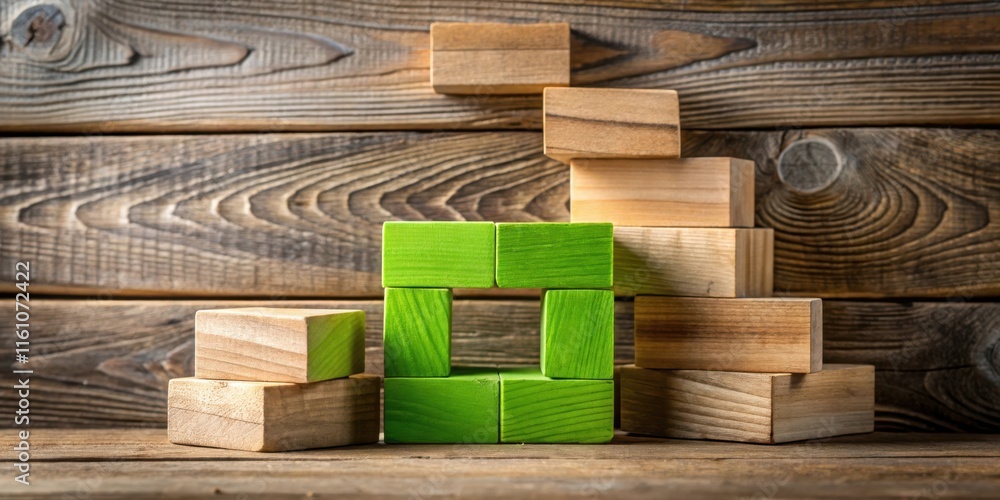Aufkleber a green wooden block structure stands out against a backdrop of natural wooden planks, symbolizing a