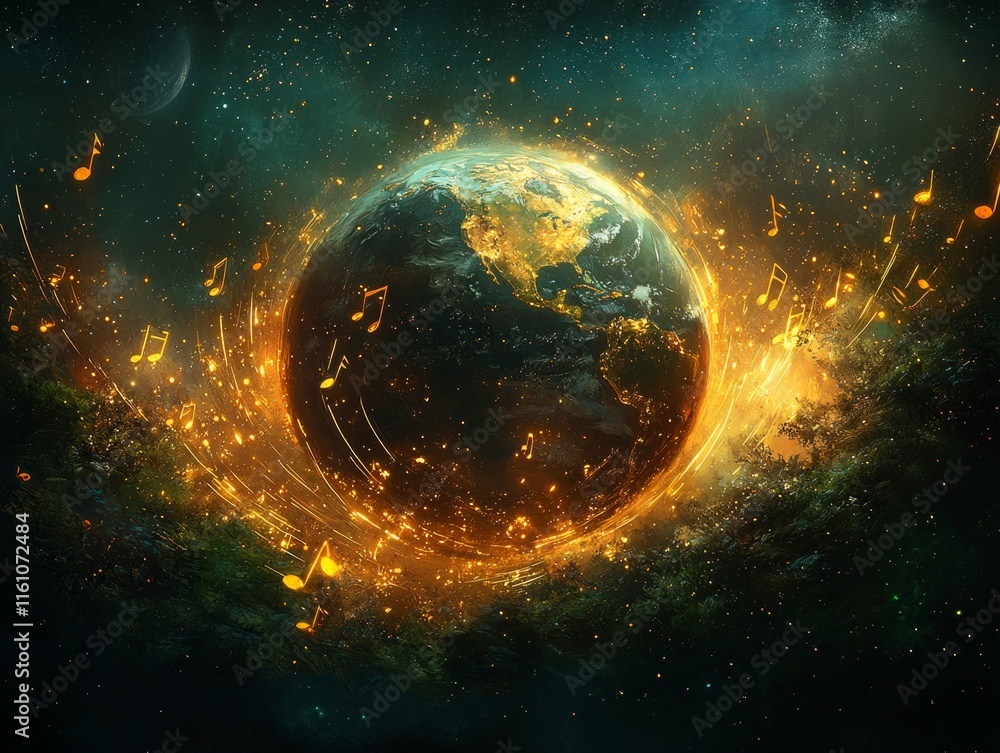 Poster glowing golden lines form musical notes around earth symbolizing celestial symphony and divine harmo