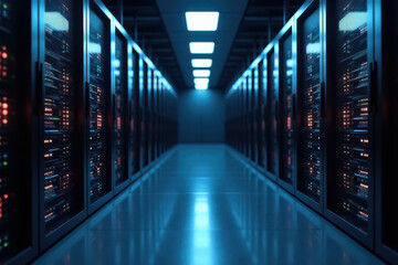 A modern, high-tech server room with sleek black racks, LED lights, and a grid-like ceiling, showcasing efficient data management and storage.