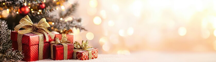 Festive Holiday Display with Shiny Red and Gold Gift Boxes Under the Christmas Tree with Blurred Lights Background