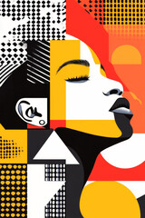 Obraz premium This striking artwork showcases a woman's profile adorned with bold geometric shapes and vibrant colors. The design emphasizes beauty and diversity through artistic expression and modern aesthetics