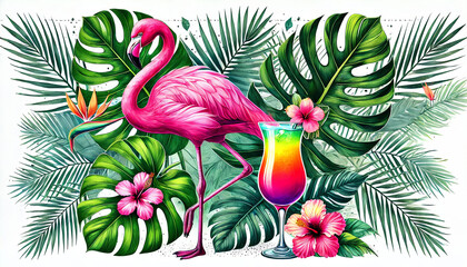 A vibrant tropical illustration featuring a flamingo standing gracefully beside a tropical cocktail