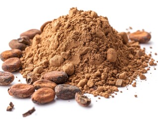 This image showcases a pile of cocoa powder surrounded by whole cacao beans, suggesting it's used as a seasoning or baking ingredient to add natural sweetness and flavor.