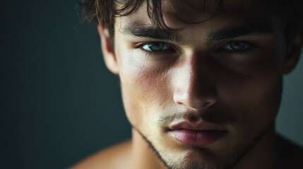 Obraz premium Intense close-up portrait of a male model showcasing sharp features and captivating eyes in dramatic lighting