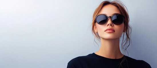 Chic Woman in Sunglasses Posing Against White Background with Copy Space for Branding and Advertising Use
